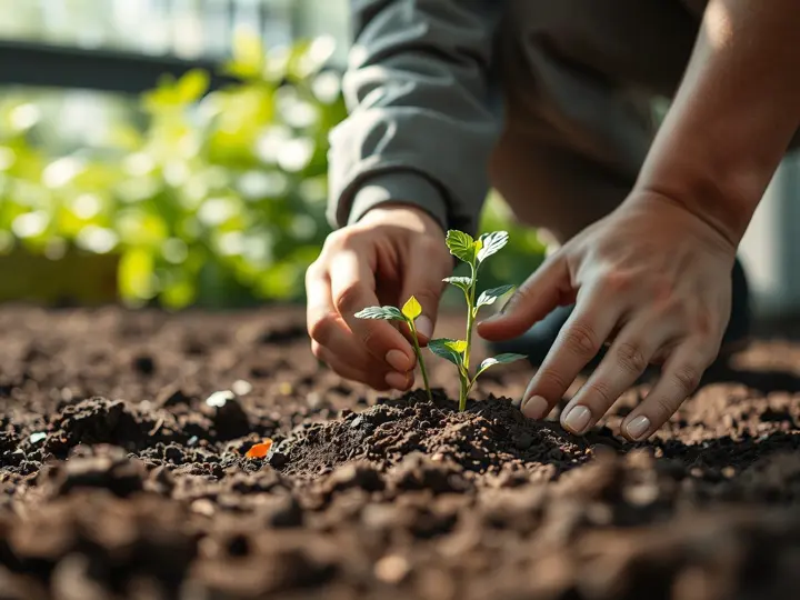 孩子正在种植幼苗，老师从旁指导
