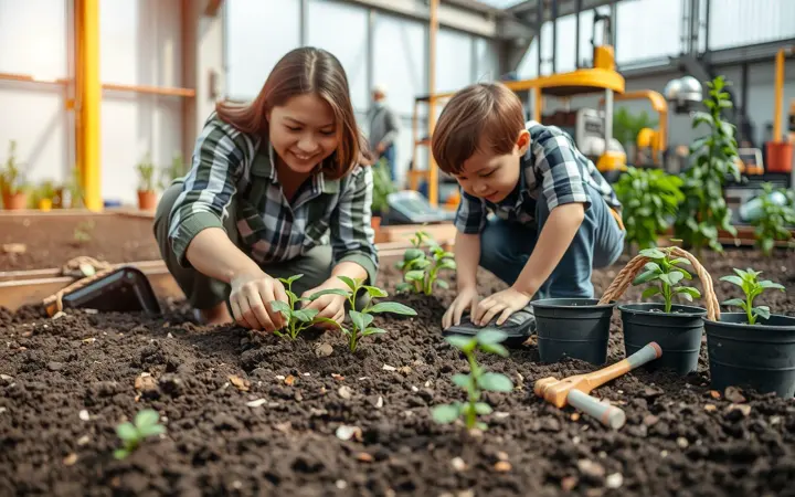 家长和孩子一起在农场种植幼苗