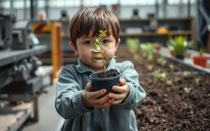 孩子手捧自己种植的小盆栽