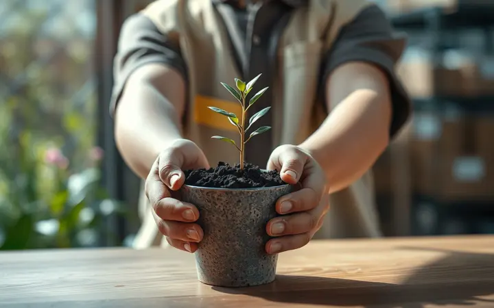 孩子手捧盆栽，体验种植成果