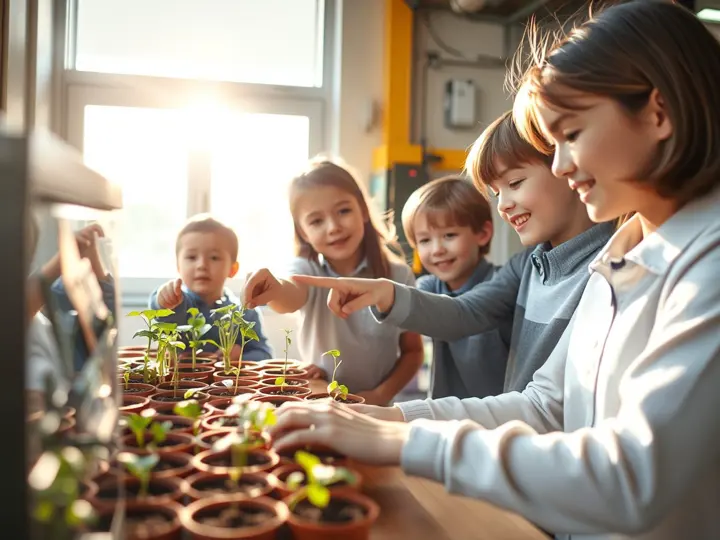 幼儿园观察角，孩子们查看自己种植的幼苗
