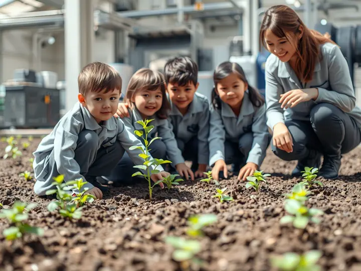 学生和老师在农场一起种植蔬菜