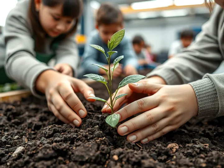 孩子正在种植蔬菜盆栽，双手沾满泥土
